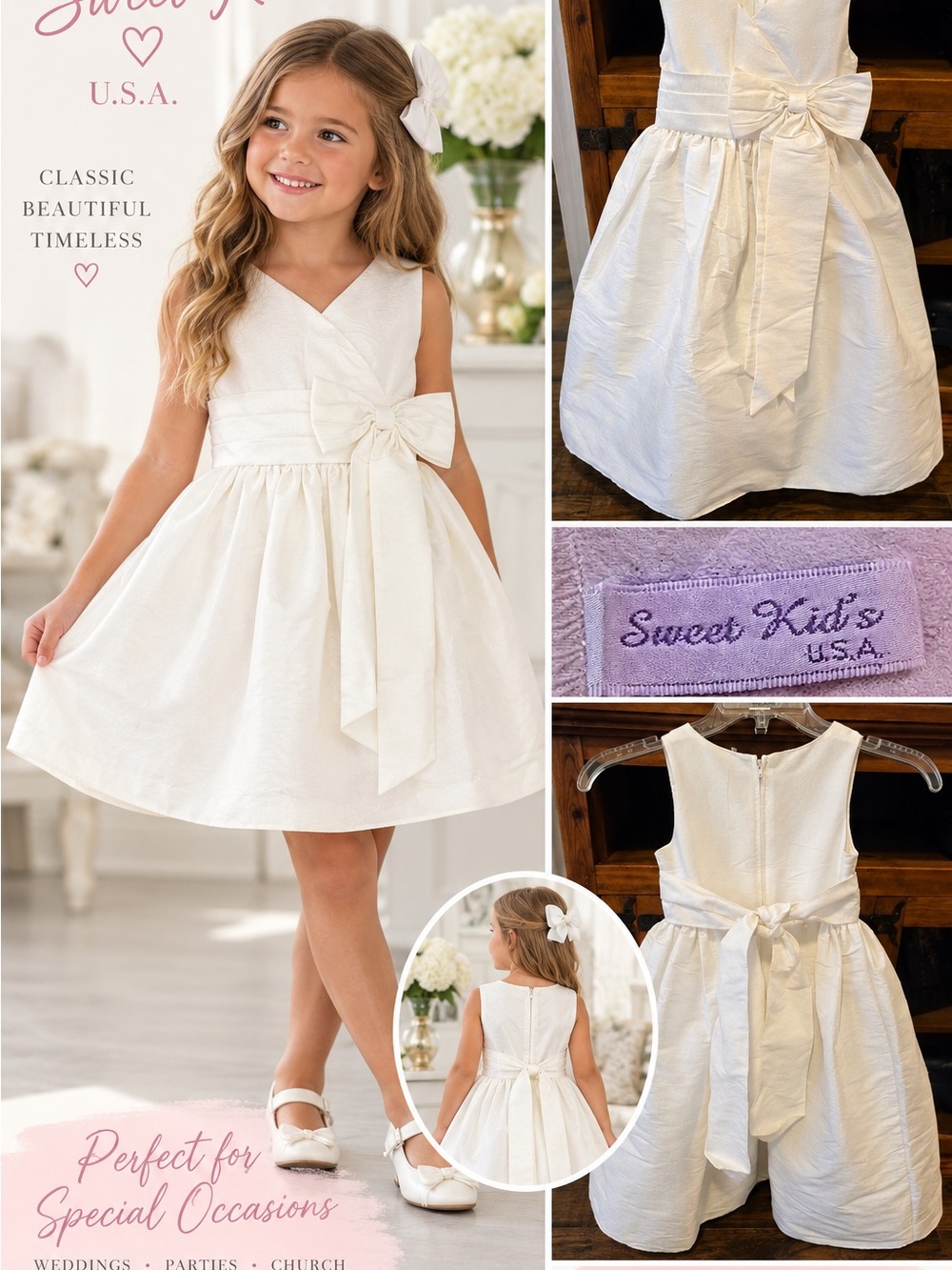 Sweet Kids USA Girls White Formal Flower Girl Dress Size 6 Bow Sleeveless